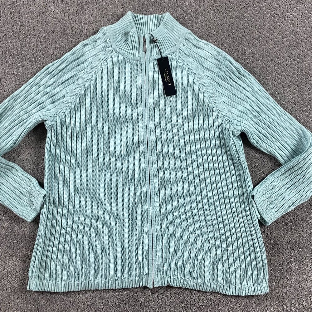NWT Talbots Sweater Women's 1XP Full Zip Ribbed Stretch Mint Green Cotton Blend